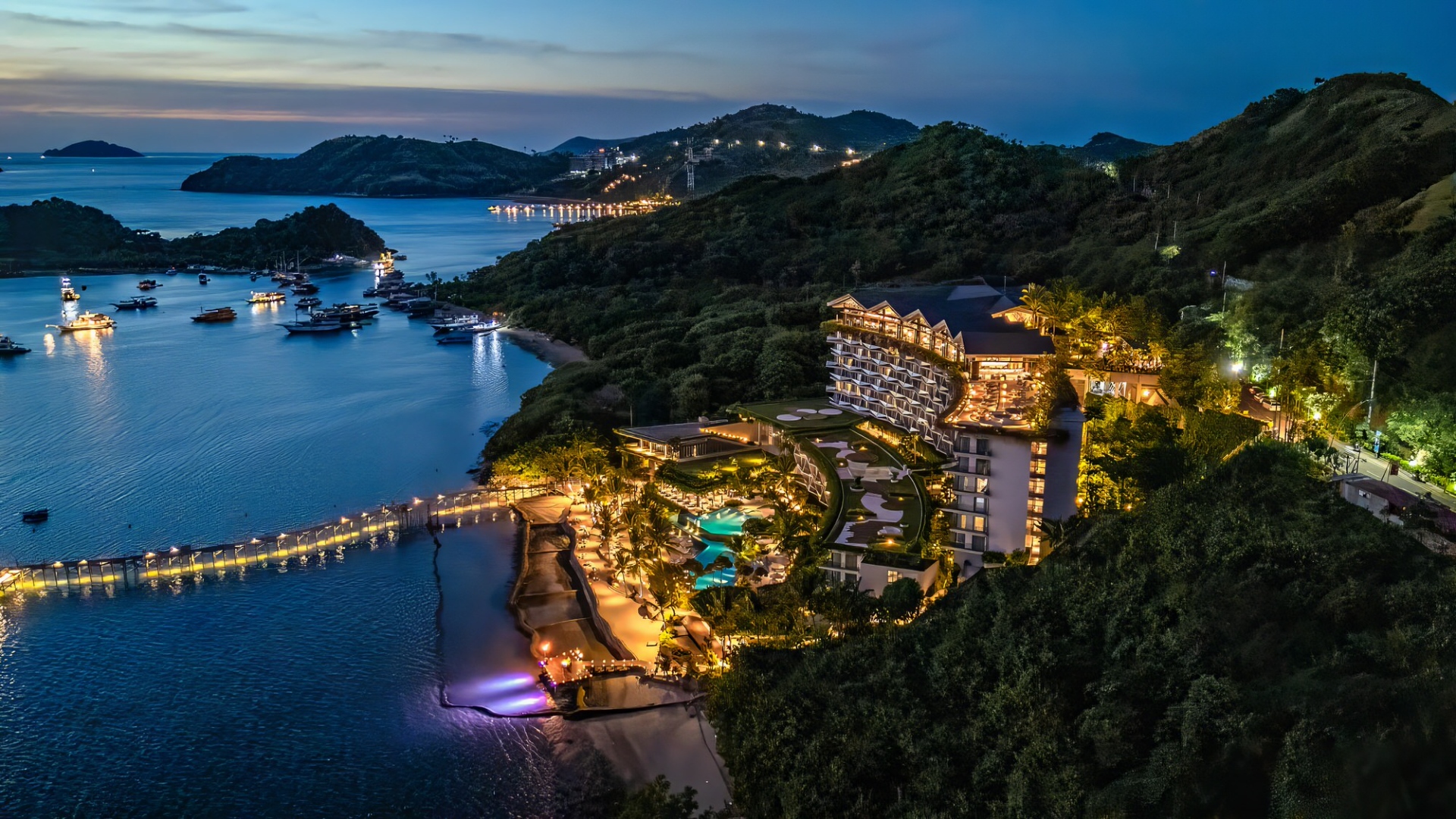 AYANA Komodo aerial drone view at dusk