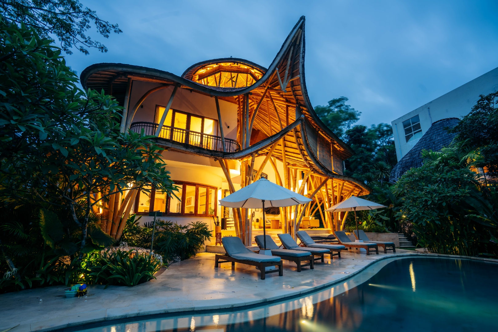Ahura Bingin bamboo architecture at dusk