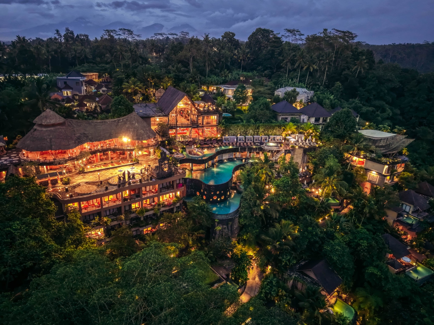 Kayon Jungle resort illuminated at dusk