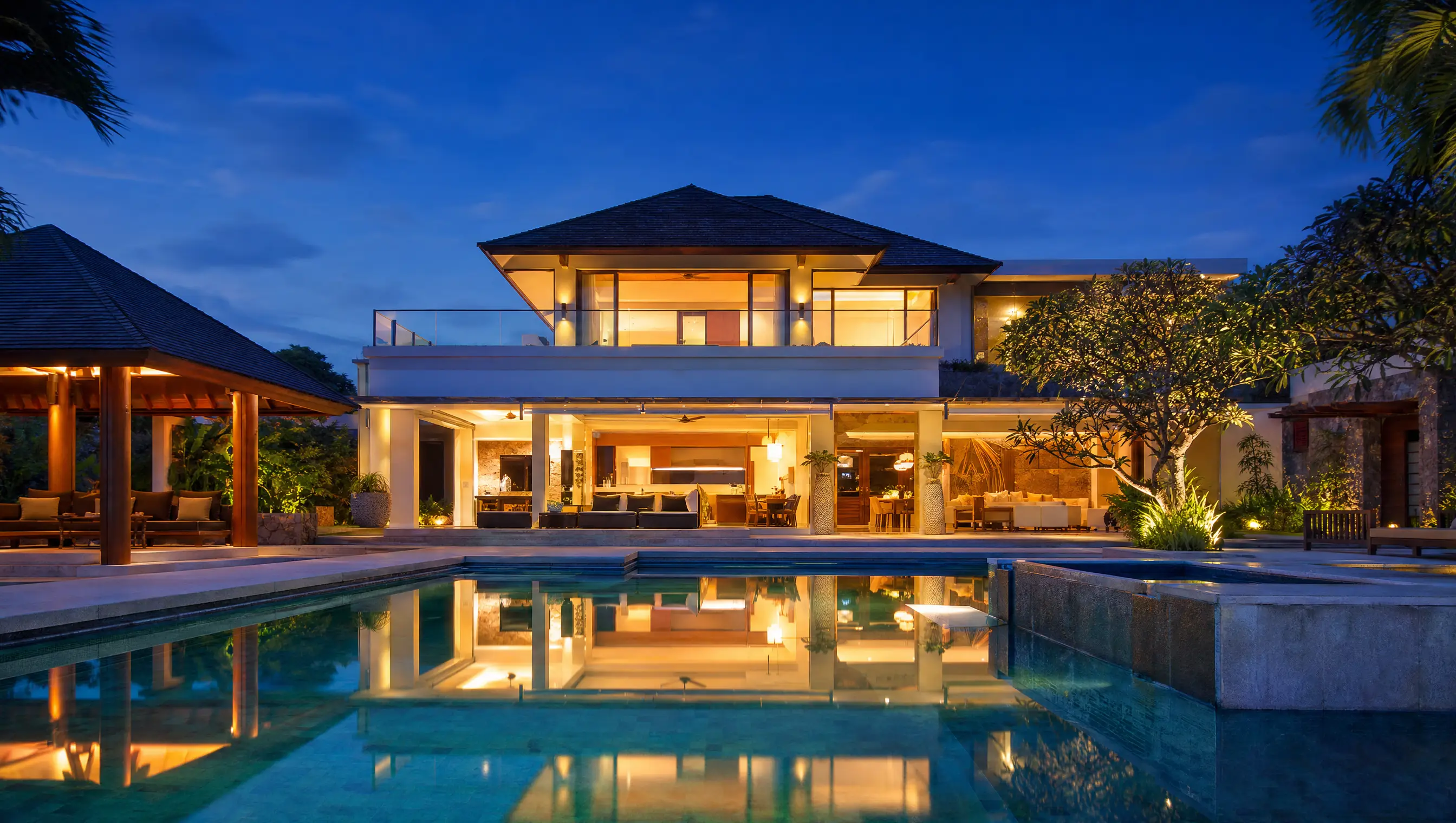 Luxury villa exterior at dusk